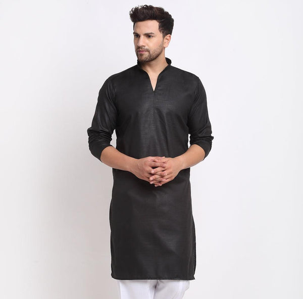 Men's Cotton Blend Black Straight Long Kurta - Benstoke - Indiakreations