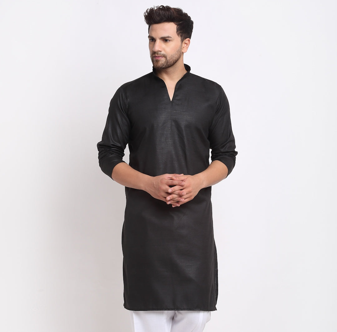 Men's Cotton Blend Black Straight Long Kurta - Benstoke