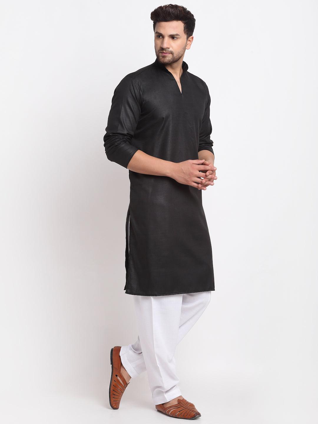 Men's Black Solid Pathani Kurta With White Salwar - Benstoke - Indiakreations