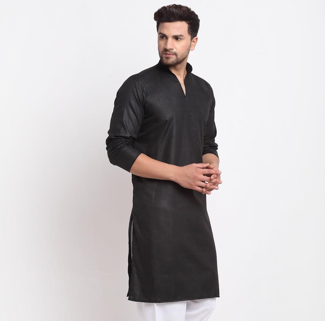 Men's Cotton Blend Black Straight Long Kurta - Benstoke - Indiakreations