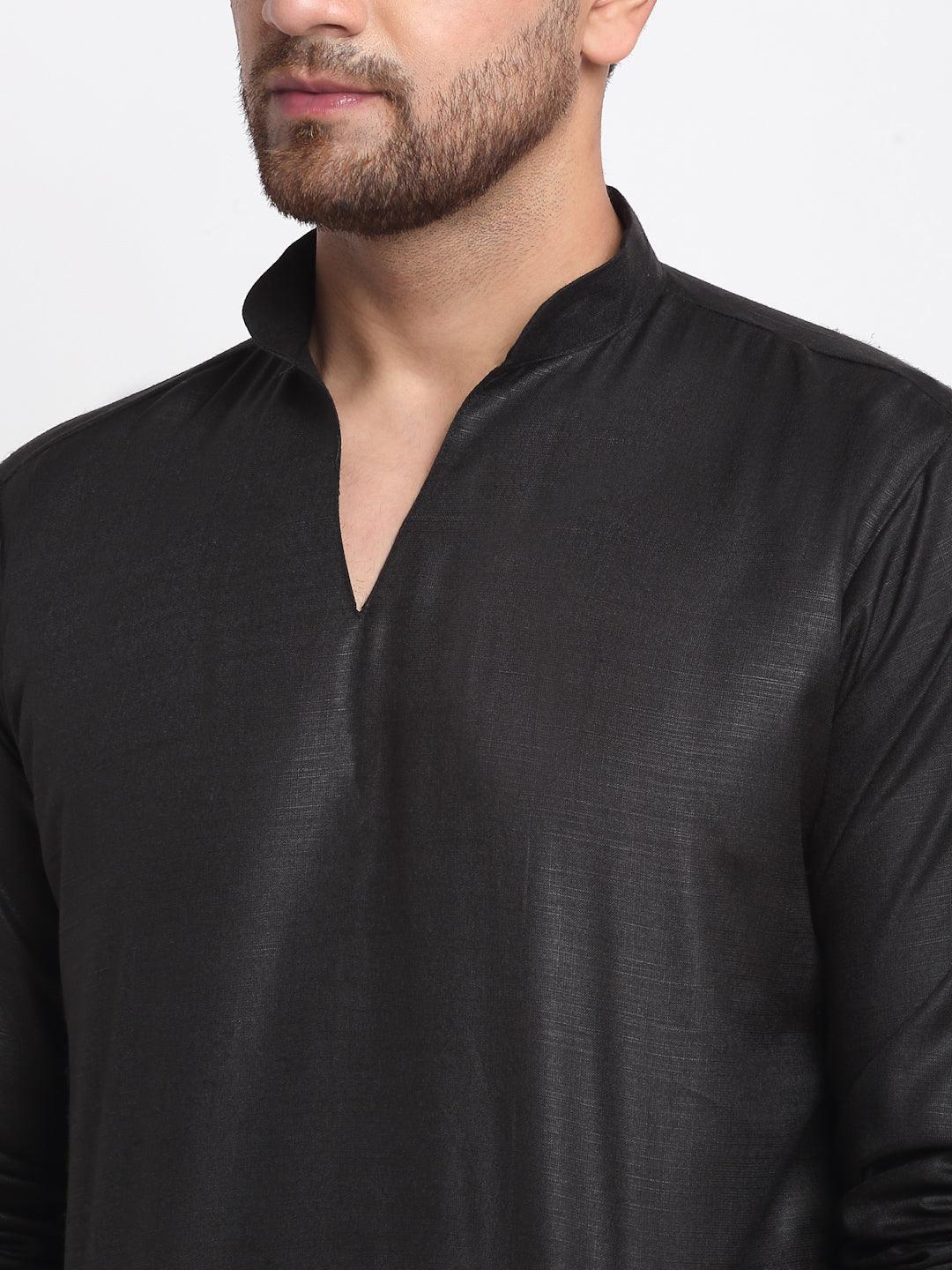 Men's Black Solid Pathani Kurta With White Salwar - Benstoke - Indiakreations