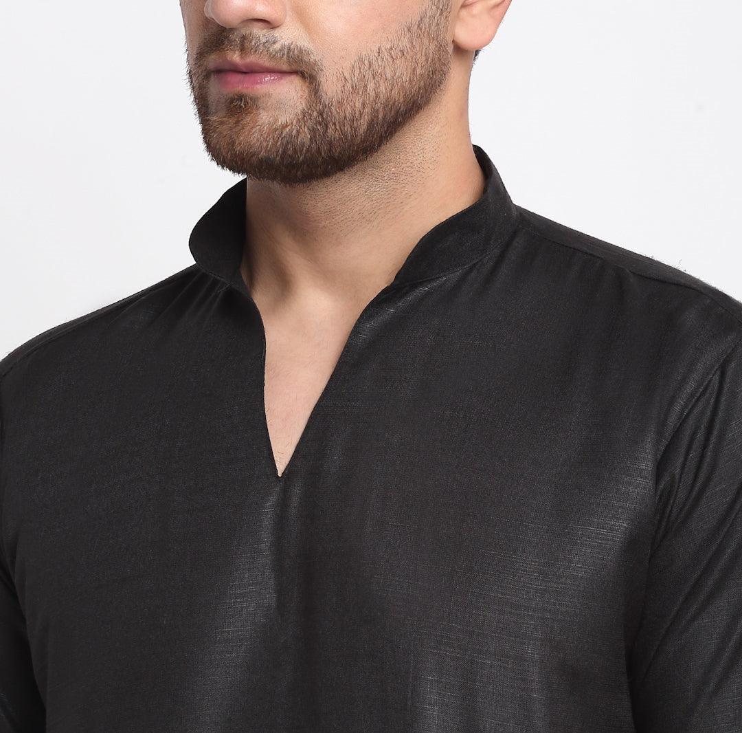 Men's Cotton Blend Black Straight Long Kurta - Benstoke - Indiakreations