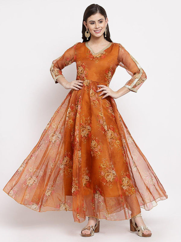 Women Brown Organza Printed Dress by Myshka (1 Pc Set) - Indiakreations