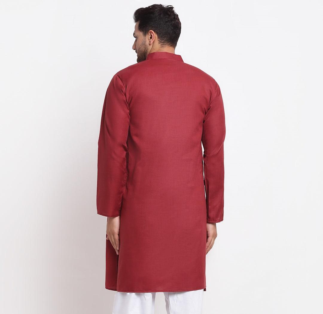 Men's Cotton Blend Maroon Straight Long Kurta - Benstoke - Indiakreations