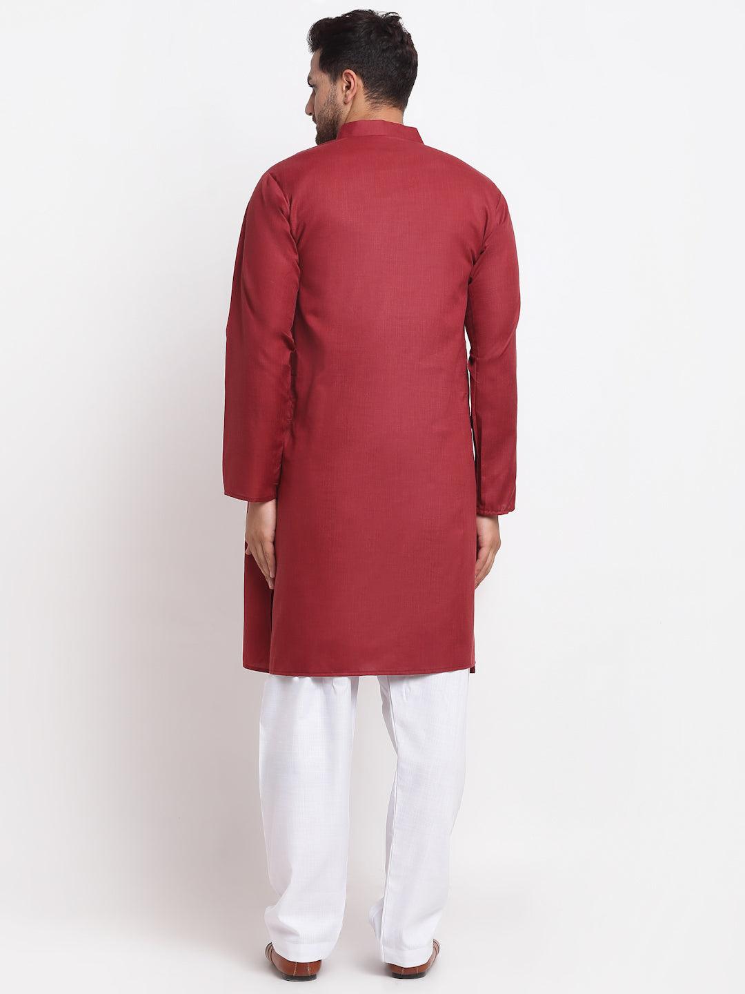 Men's Maroon Solid Pathani Kurta With White Salwar - Benstoke - Indiakreations