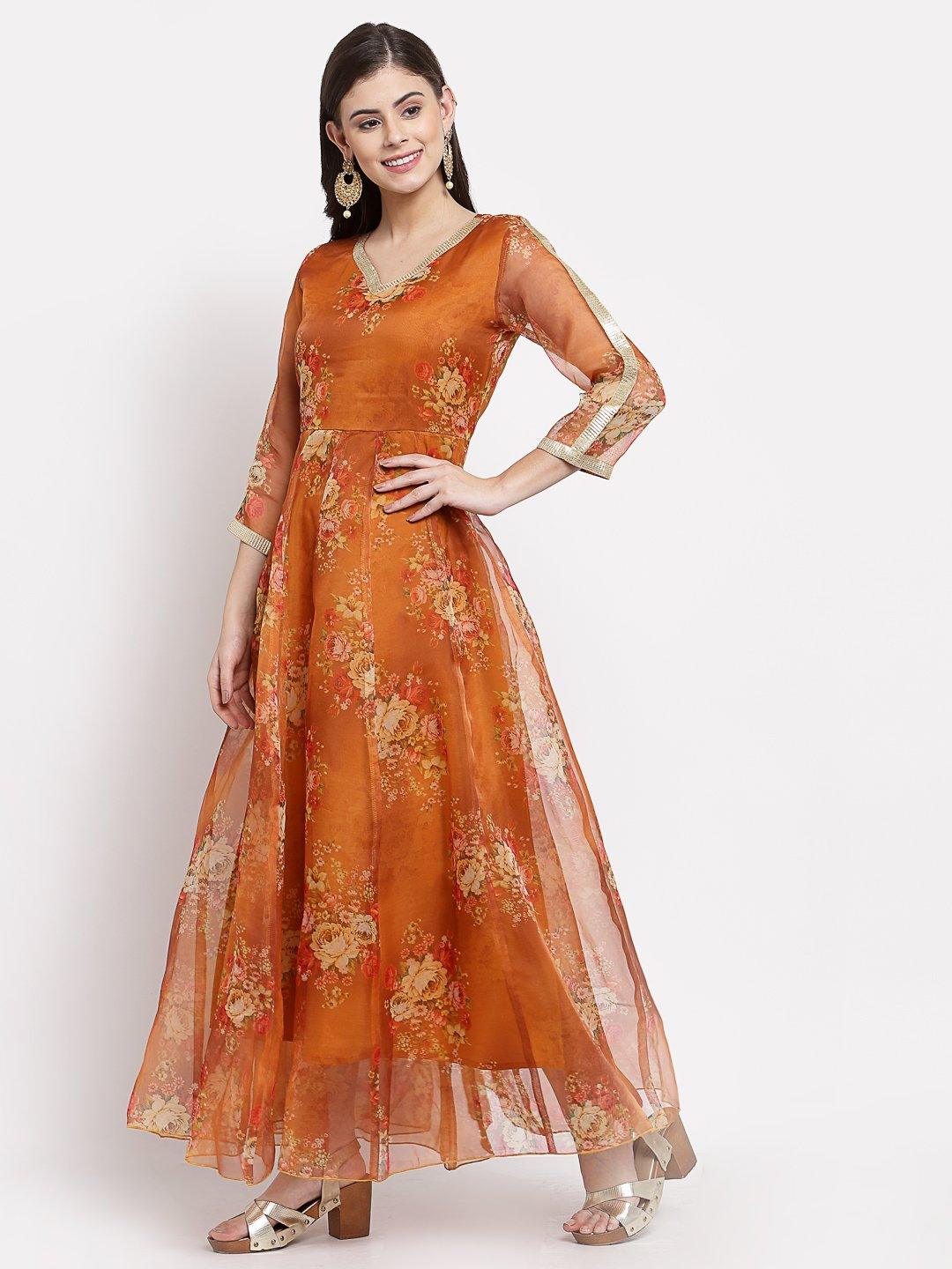 Women Brown Organza Printed Dress by Myshka (1 Pc Set) - Indiakreations