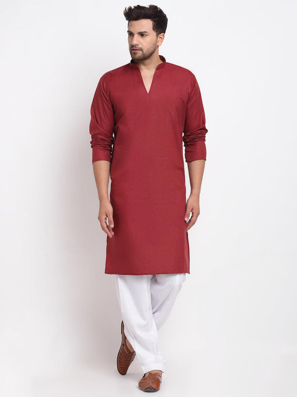 Men's Maroon Solid Pathani Kurta With White Salwar - Benstoke - Indiakreations