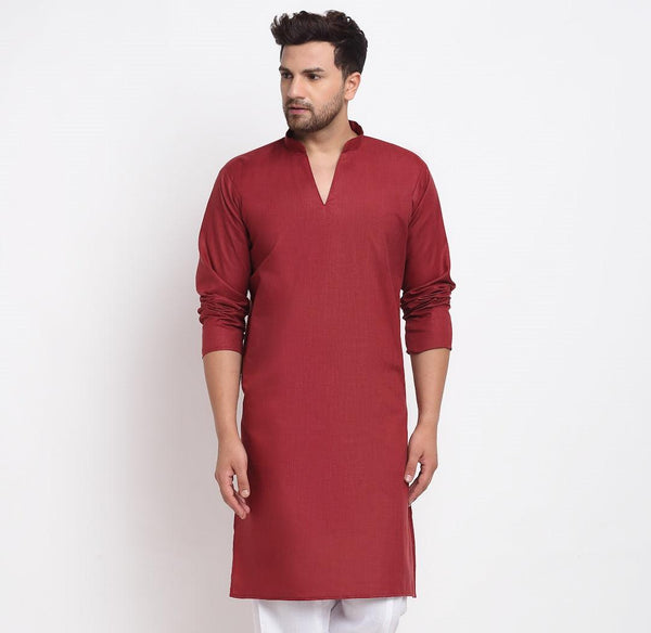 Men's Cotton Blend Maroon Straight Long Kurta - Benstoke - Indiakreations