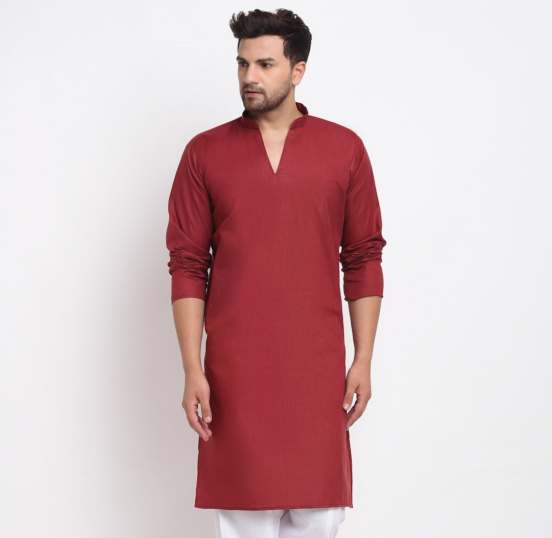 Men's Cotton Blend Maroon Straight Long Kurta - Benstoke