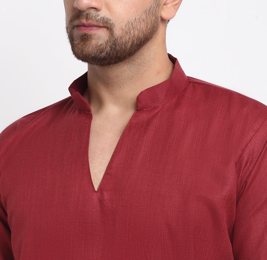 Men's Cotton Blend Maroon Straight Long Kurta - Benstoke - Indiakreations