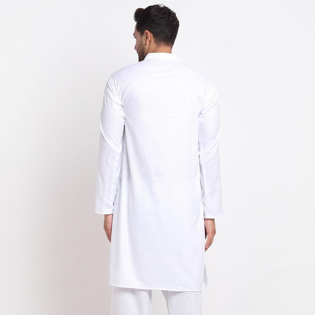 Men's Cotton Blend White Straight Long Kurta - Benstoke - Indiakreations