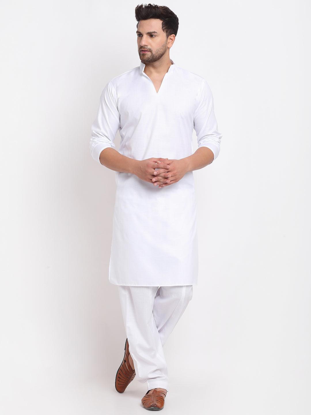 Men's White Solid Pathani Kurta With Salwar - Benstoke - Indiakreations