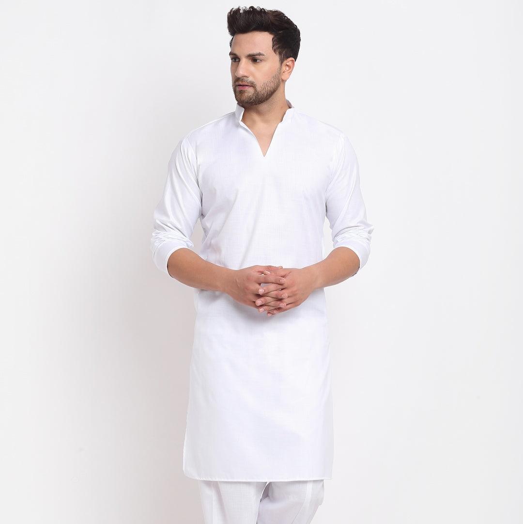 Men's Cotton Blend White Straight Long Kurta - Benstoke - Indiakreations