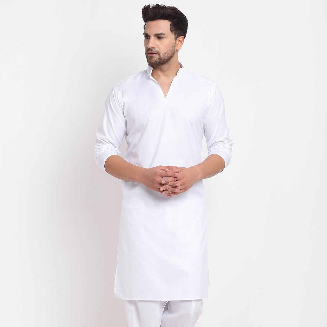 Men's Cotton Blend White Straight Long Kurta - Benstoke