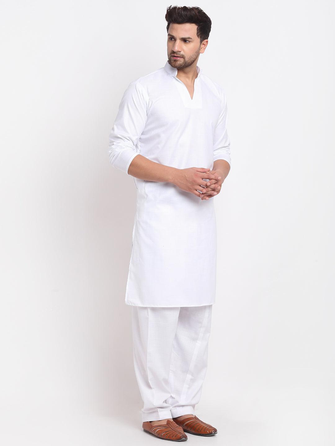 Men's White Solid Pathani Kurta With Salwar - Benstoke - Indiakreations