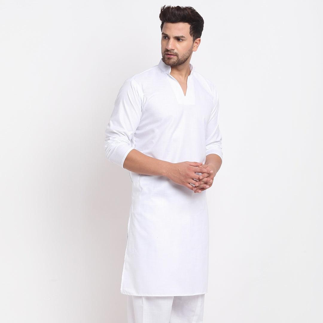 Men's Cotton Blend White Straight Long Kurta - Benstoke - Indiakreations