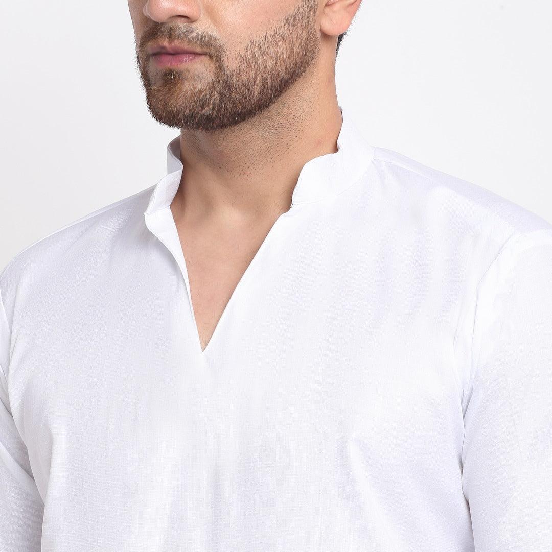 Men's Cotton Blend White Straight Long Kurta - Benstoke - Indiakreations