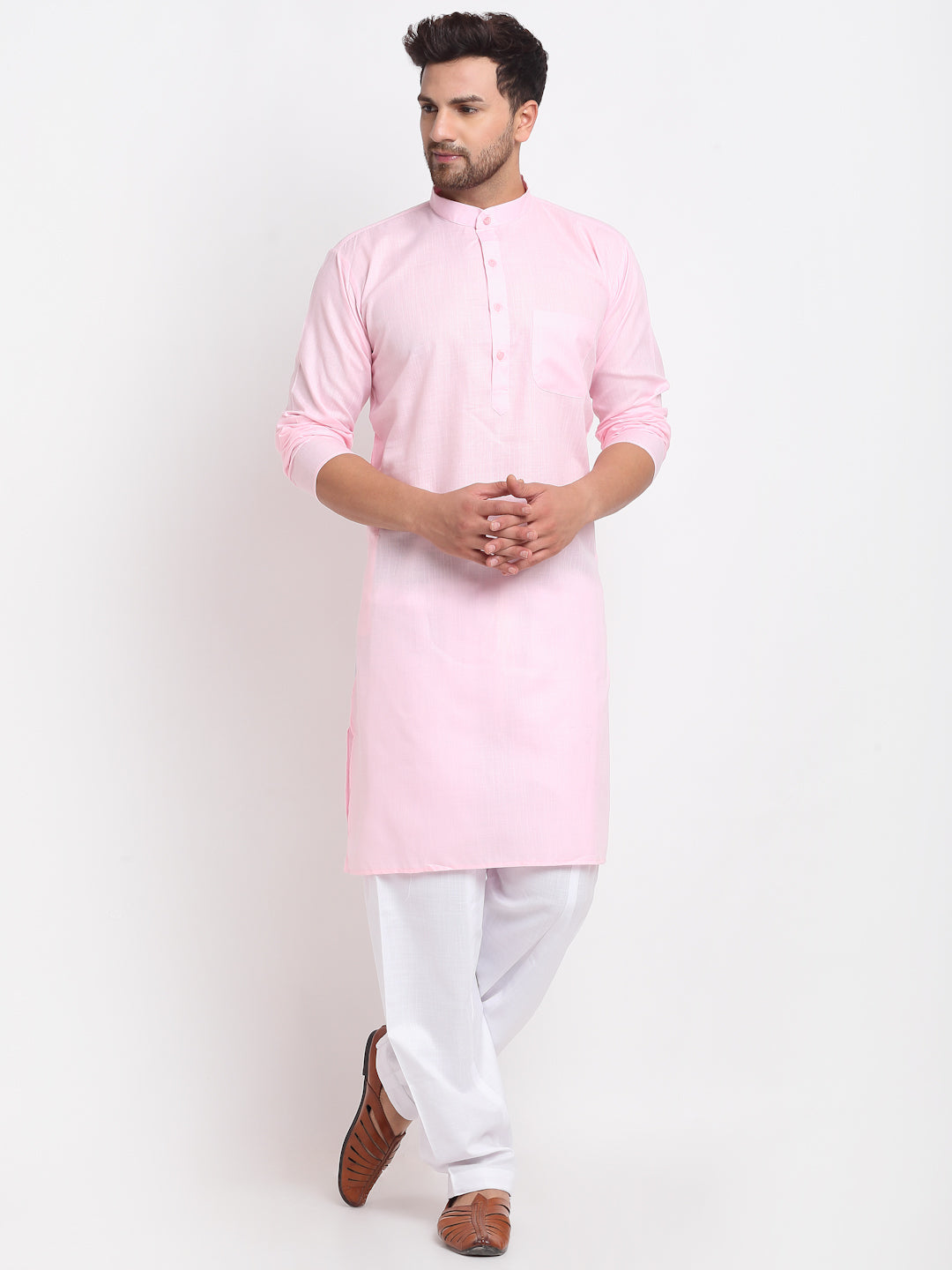 Men's Pink Solid Kurta With White Salwar - Benstoke