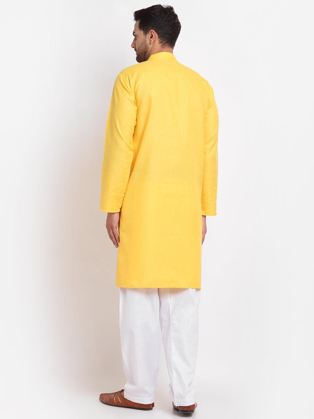 Men's Yellow Solid Kurta With White Salwar - Benstoke - Indiakreations