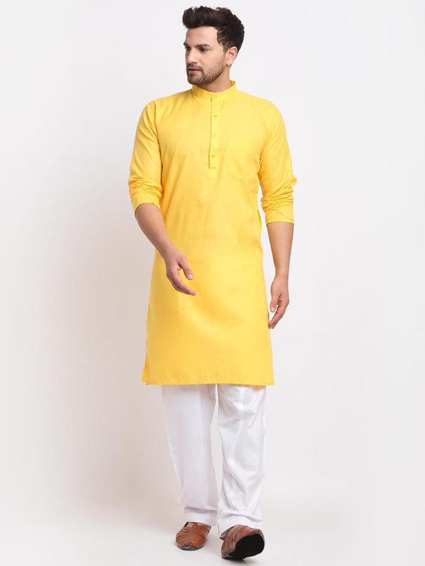 Men's Yellow Solid Kurta With White Salwar - Benstoke - Indiakreations