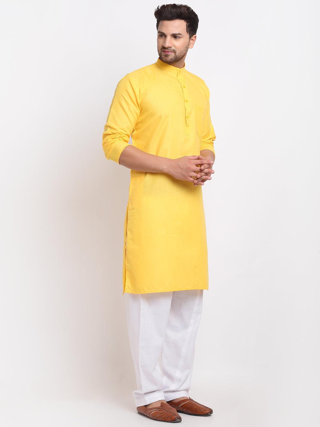 Men's Yellow Solid Kurta With White Salwar - Benstoke - Indiakreations