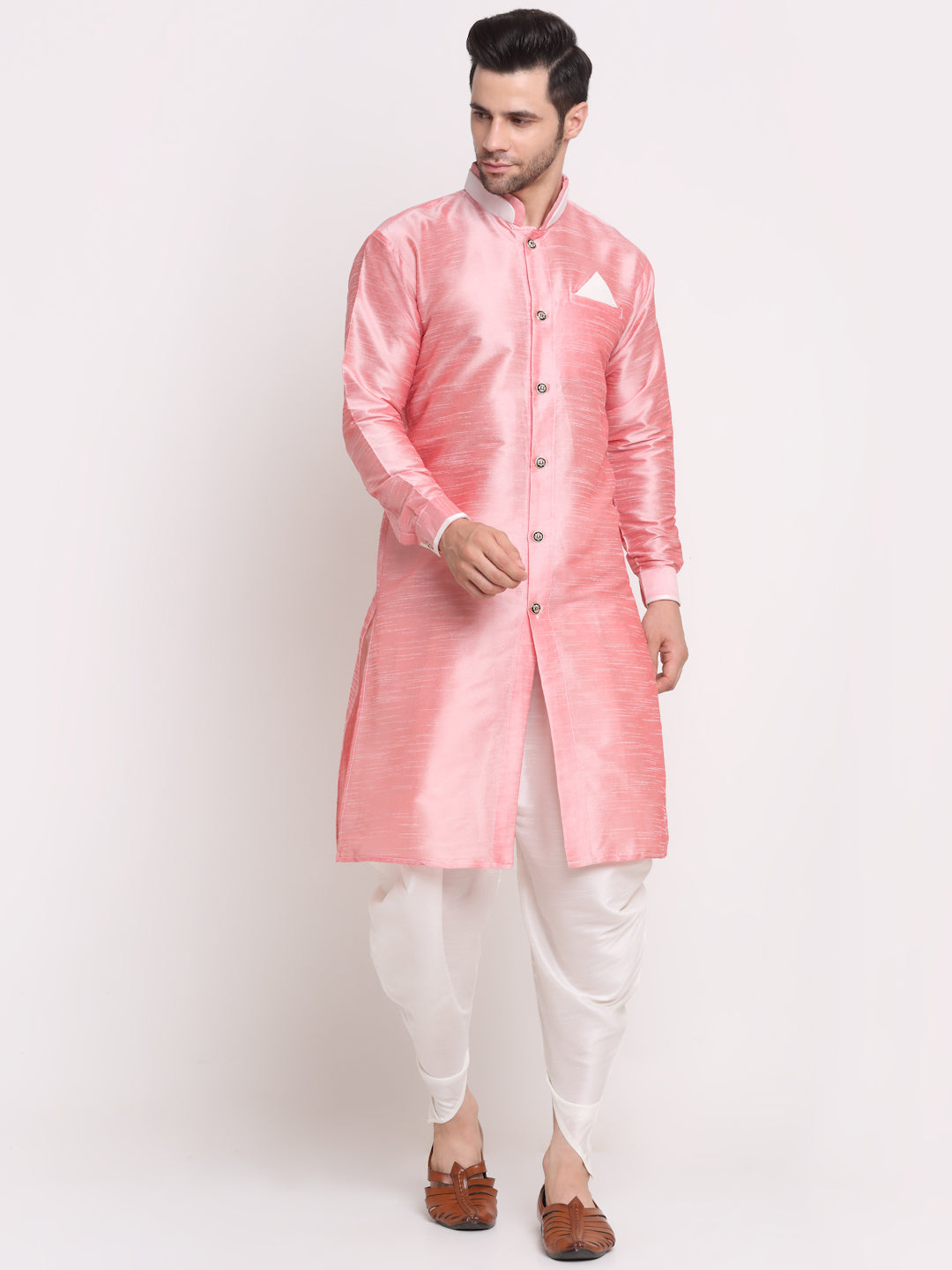 Men's Pink Solid Kurta With White Dhoti Pant - Benstoke