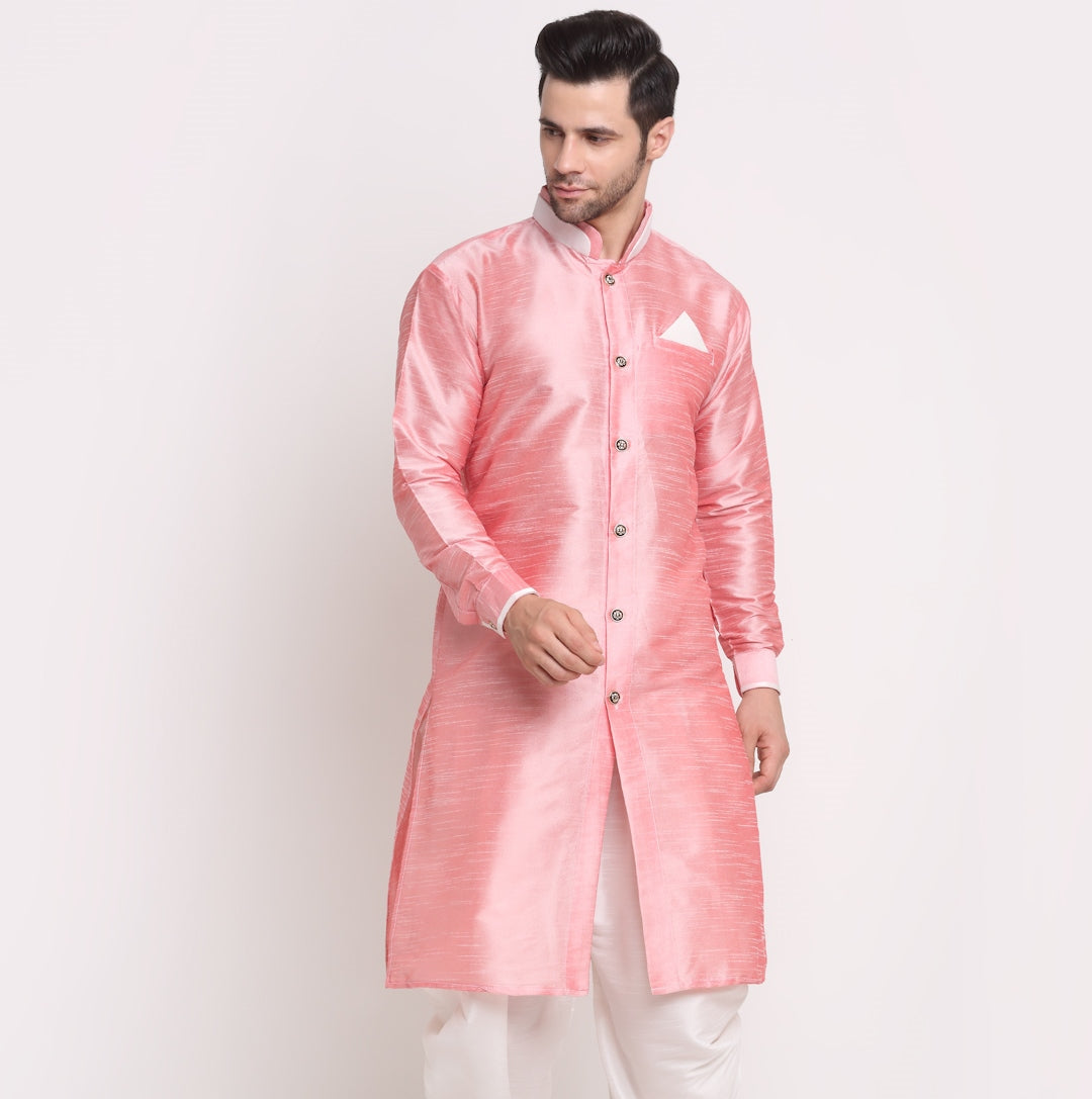 Men's Silk Blend Pink Solid Straight Kurta - Benstoke