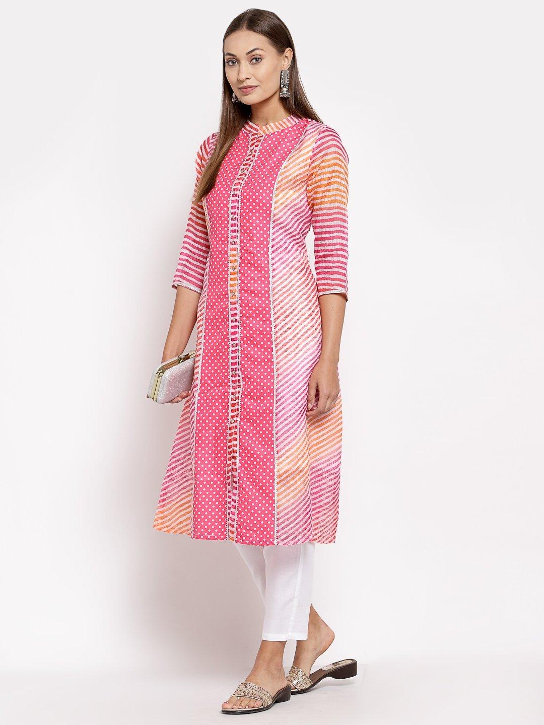 Women Pink Cotton Printed Kurti by Myshka (1 pc Set) - Indiakreations