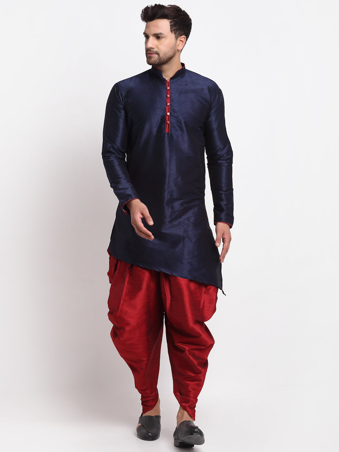 Men's Navy Blue Solid Kurta With Maroon Dhoti Pant - Benstoke