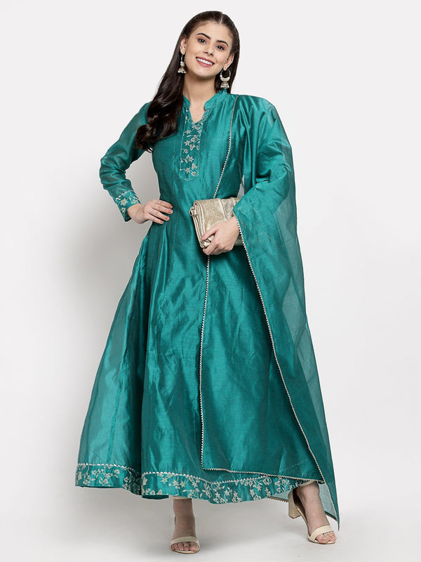 Women's Green Silk Solid Full Sleeve Mandarin Neck Casual Anarkali Gown - Myshka