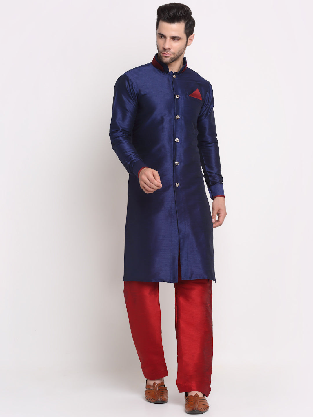 Men's Navy Blue Solid Kurta With Maroon Pyjamas Set - Benstoke