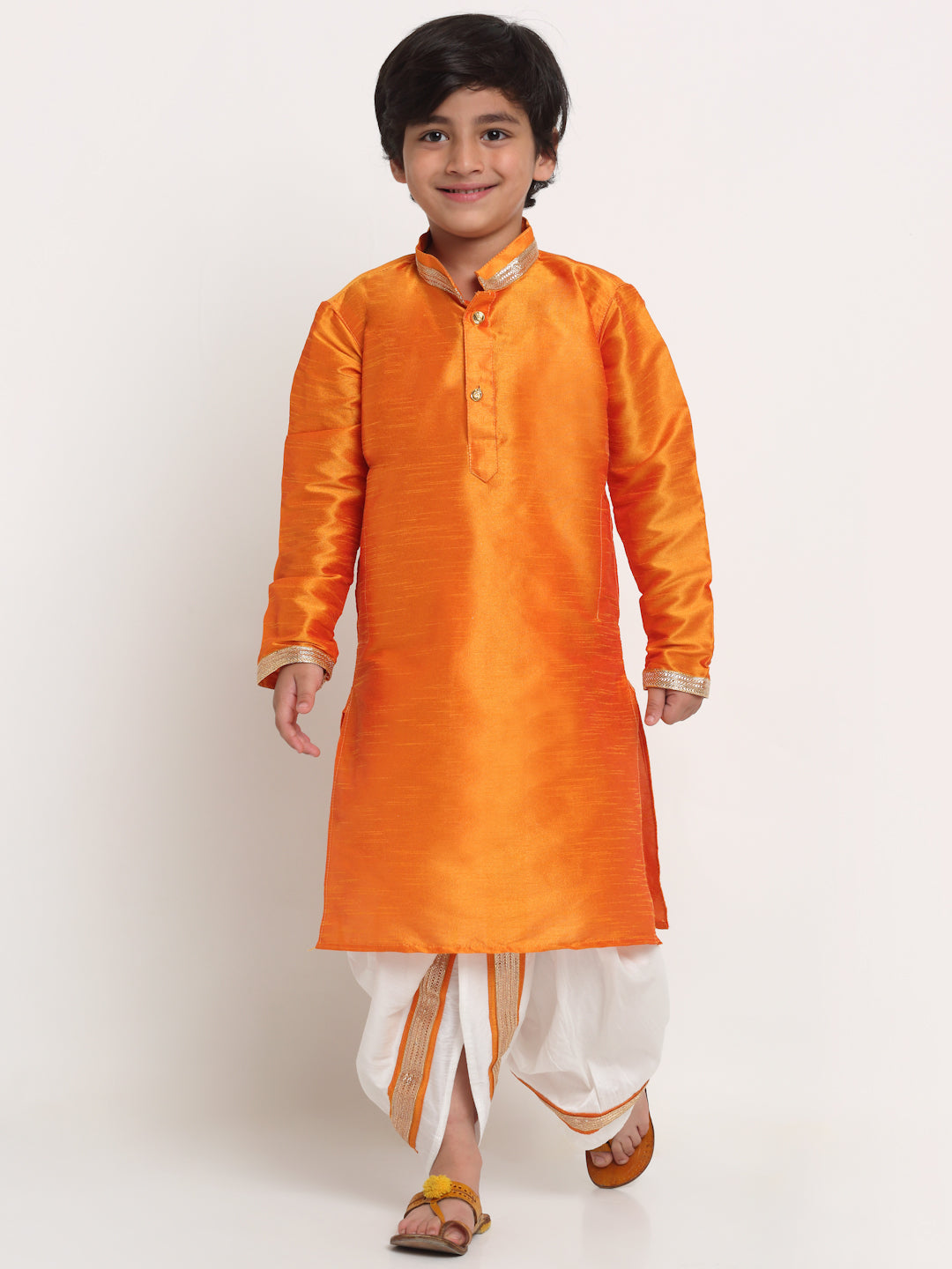 Boy's Orange Solid Gotta Patti Kurta With White Dhoti Pant Set - Benstoke KIDS