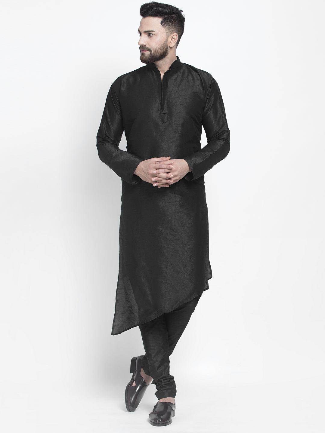 Men's Black Solid Asymmetric Kurta With Churidaar Pyjama - Benstoke - Indiakreations