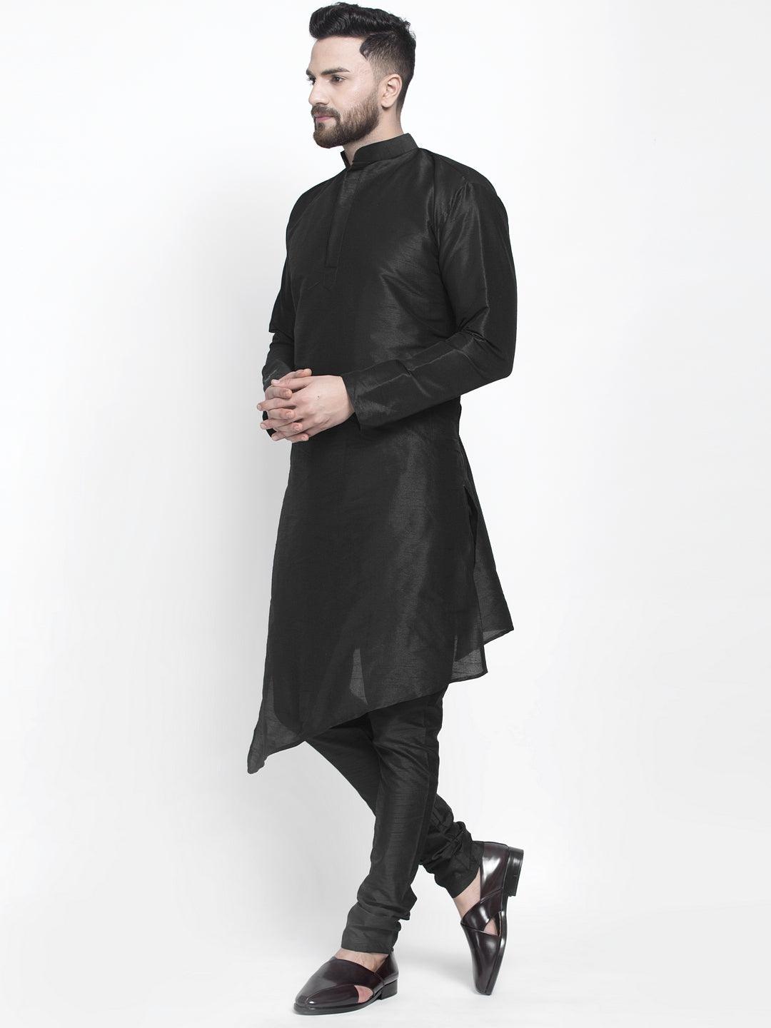 Men's Black Solid Asymmetric Kurta With Churidaar Pyjama - Benstoke - Indiakreations