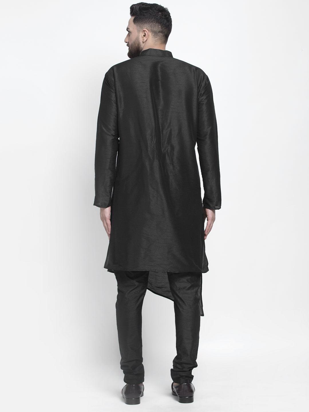 Men's Black Solid Asymmetric Kurta With Churidaar Pyjama - Benstoke - Indiakreations