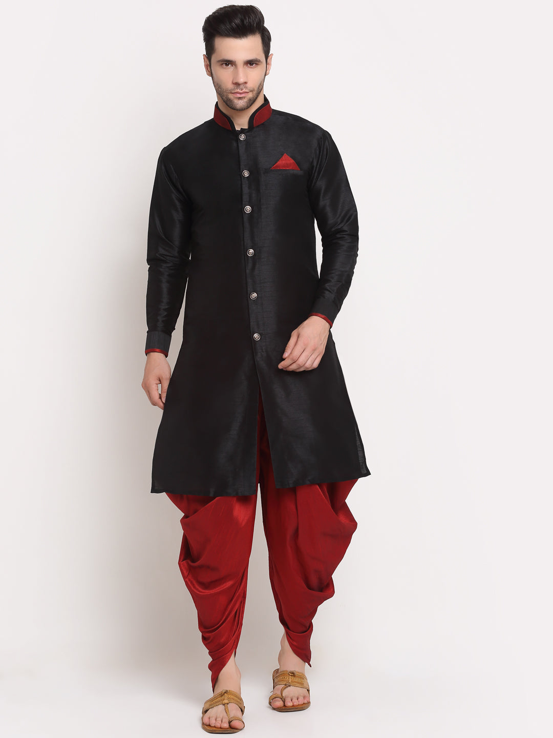 Men's Black Solid Kurta With Maroon Dhoti Pant - Benstoke