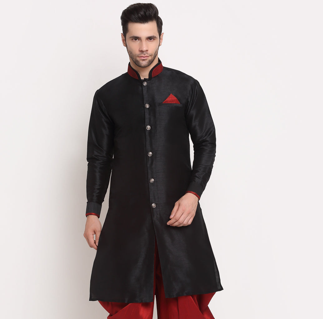 Men's Silk Blend Black Solid Straight Kurta - Benstoke