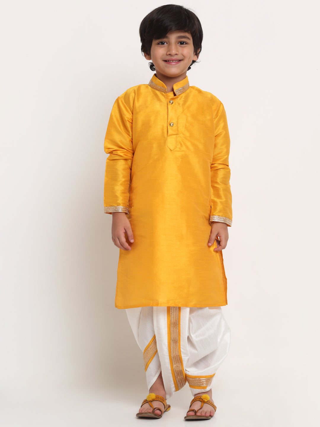 Boy's Yellow Solid Gotta Patti Kurta With White Dhoti Pant Set - Benstoke KIDS