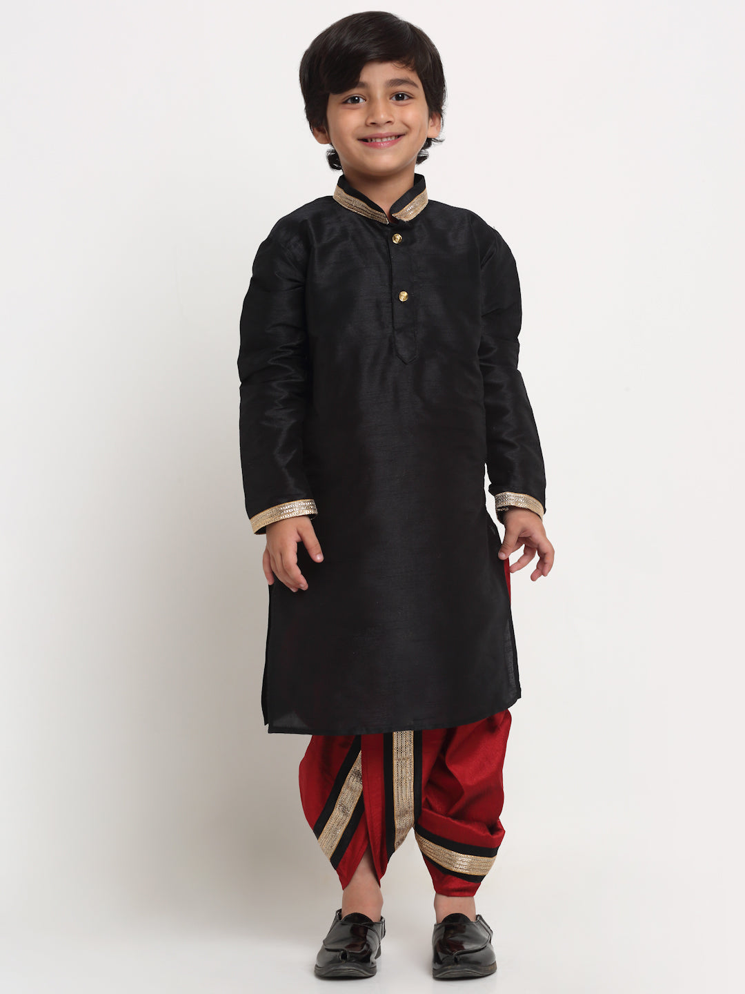 Boy's Black Solid Gotta Patti Kurta With Maroon Dhoti Pant Set - Benstoke KIDS