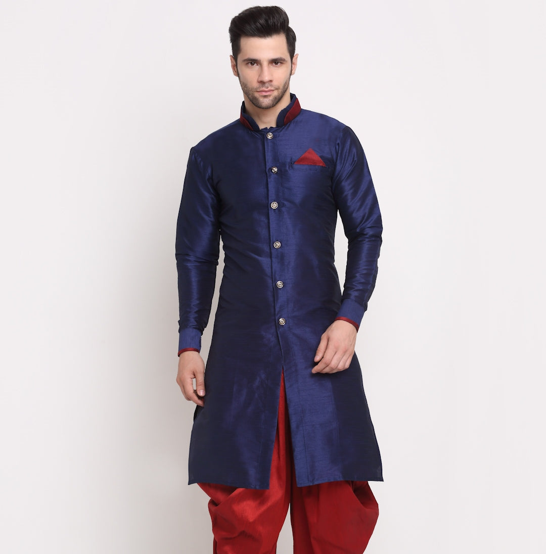 Men's Silk Blend Navy Blue Solid Straight Kurta - Benstoke