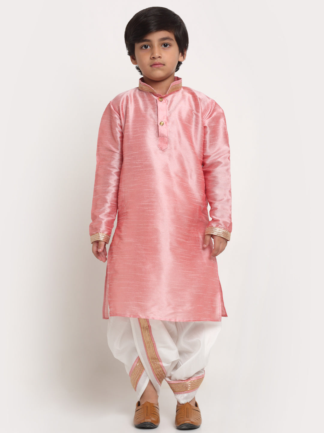 Boy's Pink Solid Gotta Patti Kurta With White Dhoti Pant Set - Benstoke KIDS