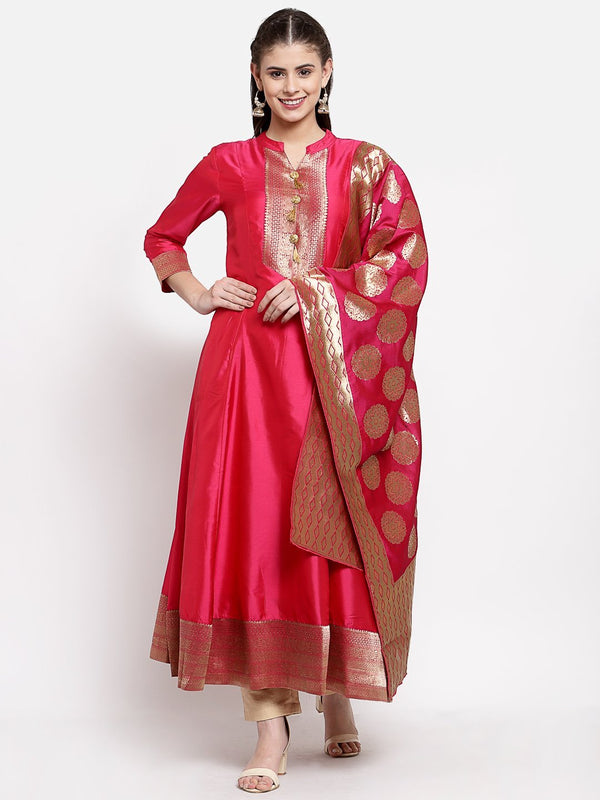 Women's Red Poly Silk Solid Full Sleeve Mandarin Neck Casual Anarkali Gown - Myshka