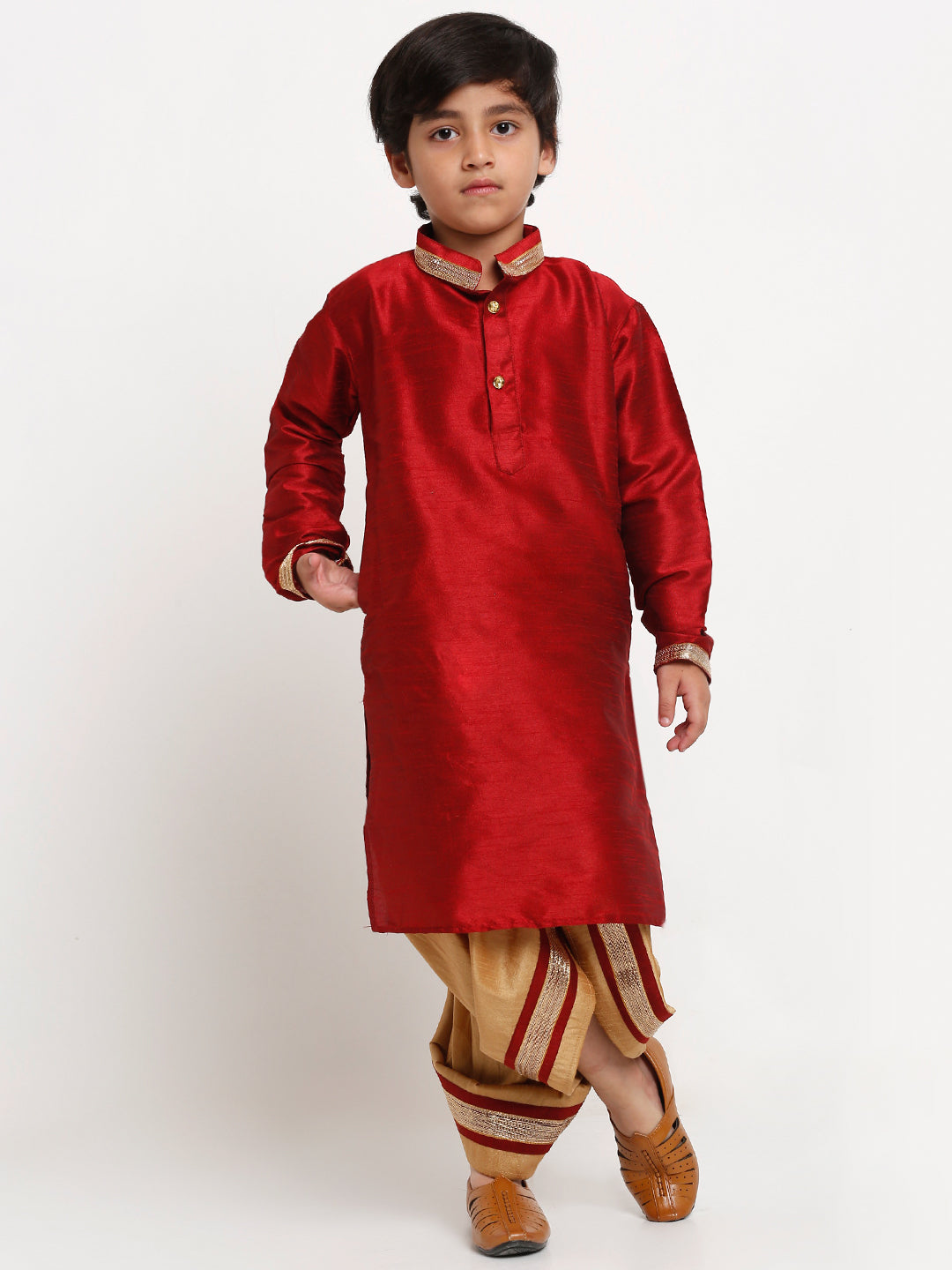 Boy's Maroon Solid Gotta Patti Kurta With Copper Dhoti Pant Set - Benstoke KIDS