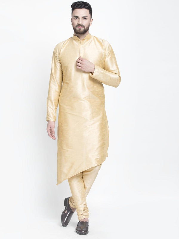 Men's Gold Solid Asymmetric Kurta With Churidaar Pyjama - Benstoke - Indiakreations