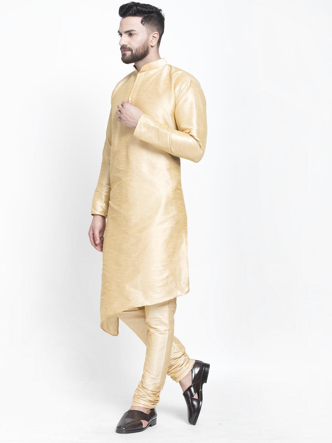 Men's Gold Solid Asymmetric Kurta With Churidaar Pyjama - Benstoke - Indiakreations