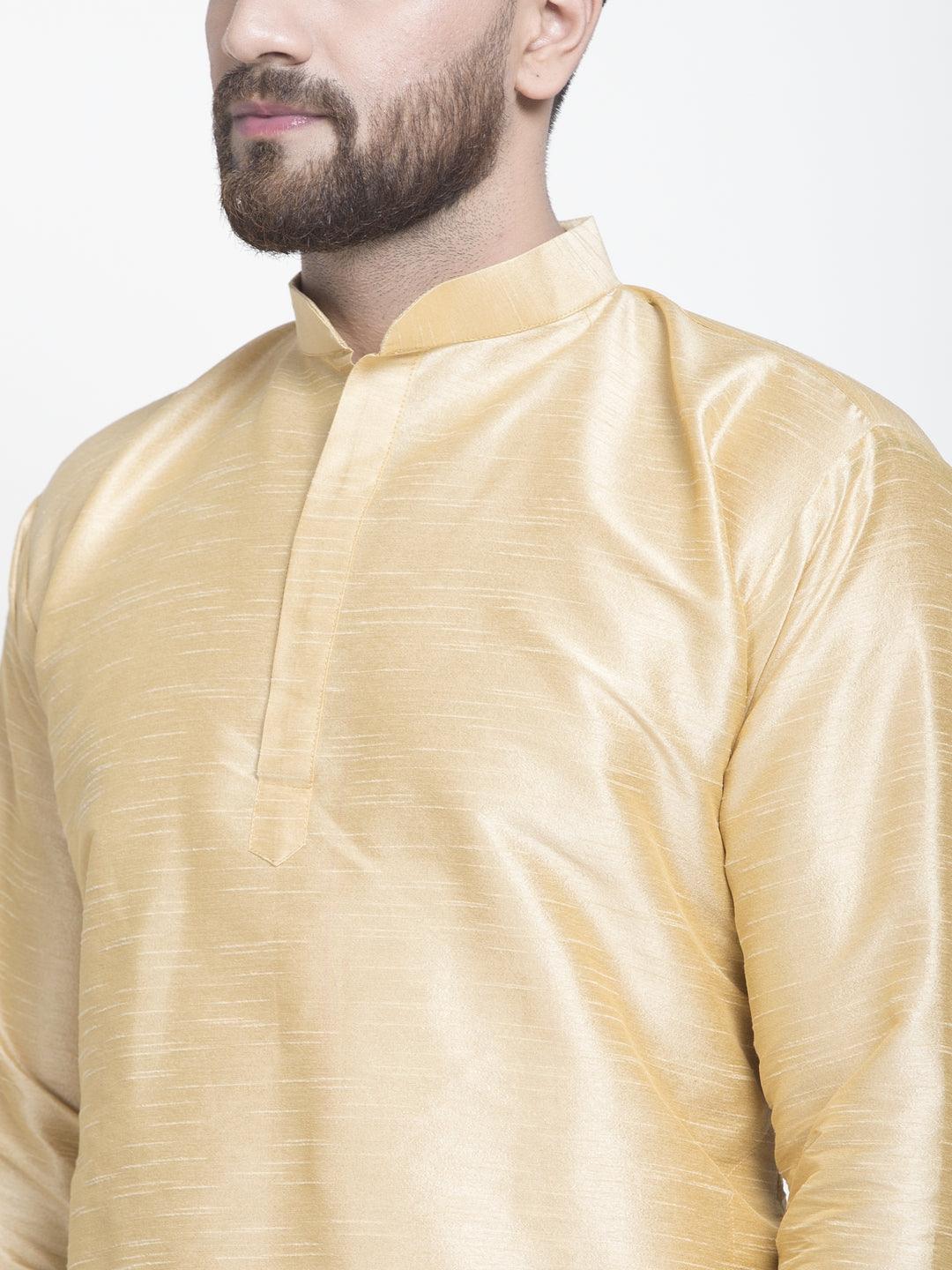 Men's Gold Solid Asymmetric Kurta With Churidaar Pyjama - Benstoke - Indiakreations