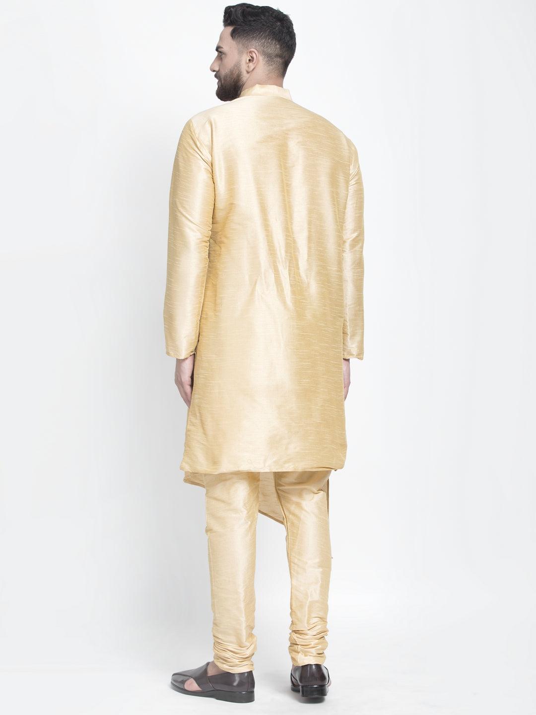 Men's Gold Solid Asymmetric Kurta With Churidaar Pyjama - Benstoke - Indiakreations