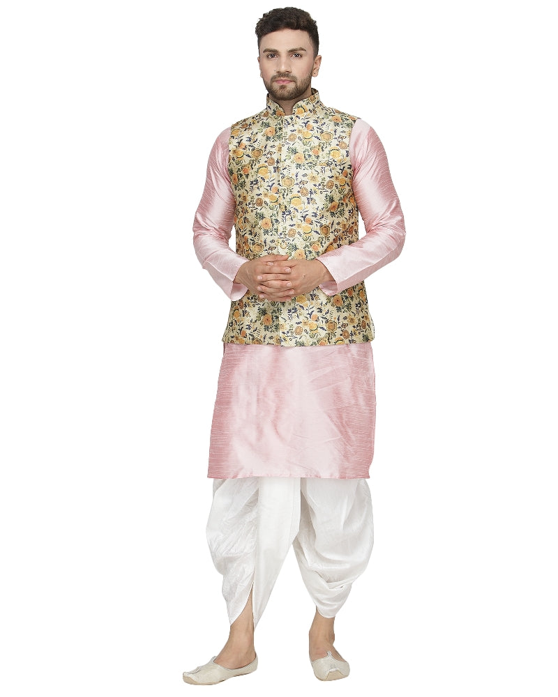 Men's Pink Kurta With White Dhoti & Lime Green Printed Nehru Jacket - Benstoke