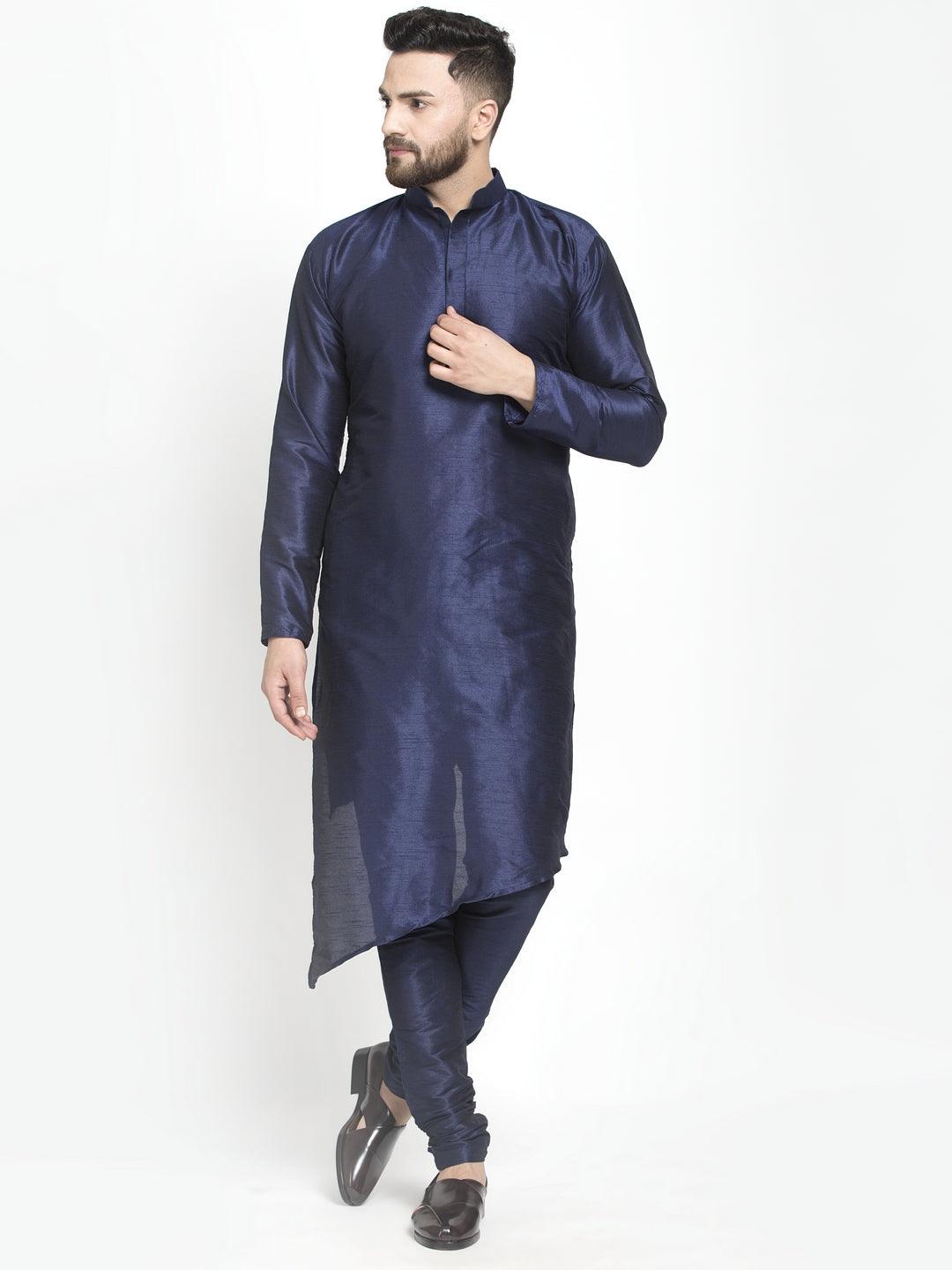 Men's Navy Blue Solid Asymmetric Kurta With Churidaar Pyjama - Benstoke - Indiakreations