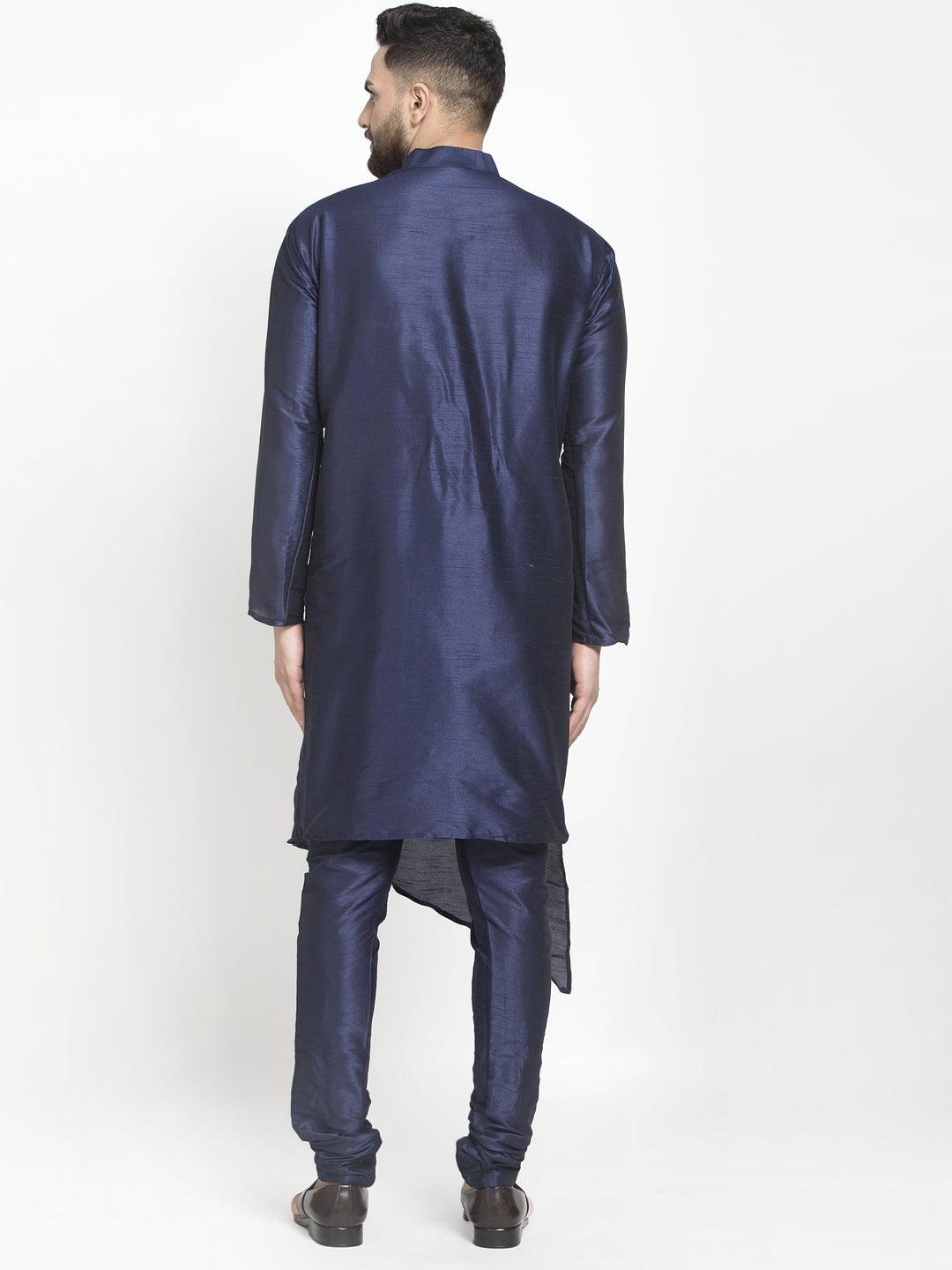 Men's Navy Blue Solid Asymmetric Kurta With Churidaar Pyjama - Benstoke - Indiakreations